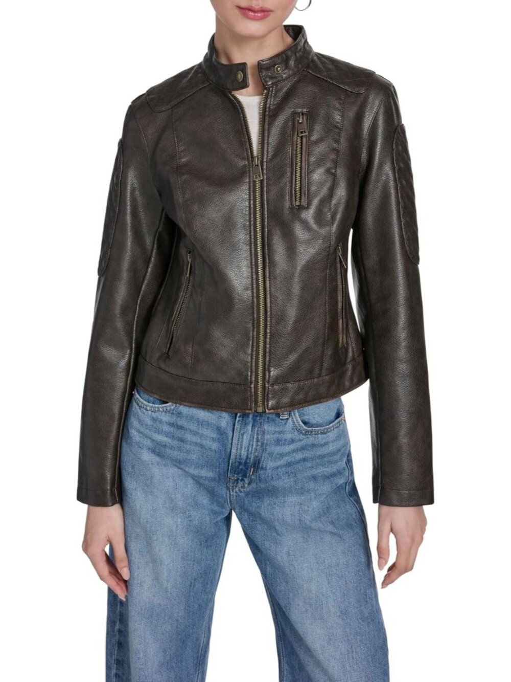 Women's Brown Faux Leather Motocross Racer Snap Down Collar Casual Jacket